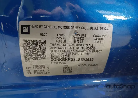 2020 Chevrolet Blazer Awd Rs z USA, uszkodzony, nr VIN 3GNKBKRS3LS693685